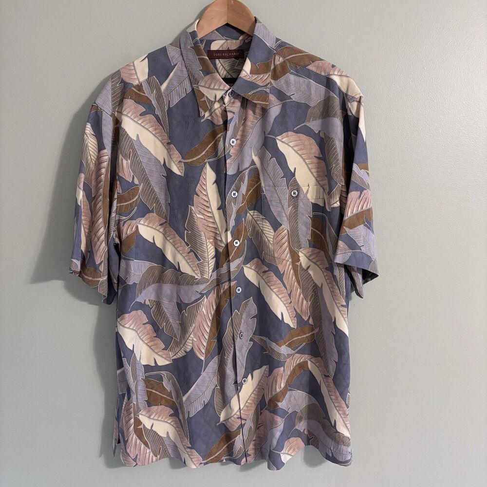 Tori Richard 100% Silk Hawaiian Palm Leaf Print Camp Shirt XL Vacation Beach